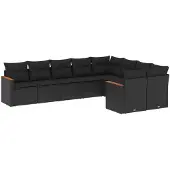 vidaXL 9-tlg. Garten-Sofagarnitur mit Kissen Schwarz Poly Rattan