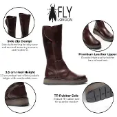 Fly london Damen Weinleder High Pull On lange Stiefel – RHEA042