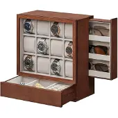 Songmics Uhrenbox 12 Fächer Massivholzfurnier mit Fenster platzsparend, kaffeebraun