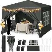 Woltu Pavillon mit 4 Seitenteilen und 4 Sandsäcke, Faltpavillon 3x3m, höhenverstellbar, Grau