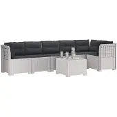 vidaXL 6-Sitzer Garten Sofa mit Kissen Rattan Look PP Weiß