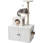 Relaxdays Kratzbaum mit Katzenkloschrank, HBT: 133x78x49 cm, Sisalstämme & Liegemulde, Holzoptik, Katzenturm,weiß