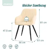 Relaxdays Esszimmerstuhl, 2er Set, Samt, Metallbeine, Armlehne, Esszimmer & Küche, gepolsterter Küchenstuhl, beige