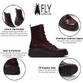 Fly london Womens Wine Leather Schnürstiefel mit Keilabsatz – TERY554