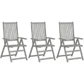 Markenlos Set mit 3 Gartenstühlen, neigbar, Akazie, mit grünen Kissen