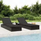 Markenlos Sonnenliegen, 2 Stück, mit Tisch, schwarz, Poly-Rattan, 28kg
