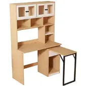 Merax Büroschreibtisch 110x100x180cm mit Regalaufsatz, Computertisch mit Stauraum-Hochschrank, Regal-Schreibtisch, Weiß/Natur