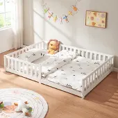 En.casa Kinderbett ’Tanna‘ Bodenbett 140 x 200 cm Montessori Bett mit Rausfallschutz Kiefernholz Weiß