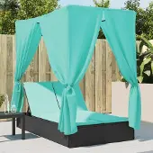 Prolenta Maison Exclusive - Doppel-Sonnenliege mit Dach und Vorhängen Schwarz Poly-Rattan