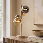 LumenXL Tischlampe Tessera in Beige mit vier Glaskugeln in Amber und Rauchglas