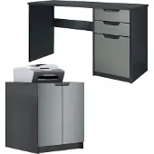 Vladon Büromöbel Homeoffice Set Paris, Germany mit Druckerkommode und Schreibtisch, Schwarz matt / Graphit seidenmatt