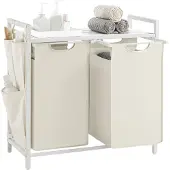 Vasagle Wäschekorb 2 Fächer, Wäschesammler mit Ablage, Wäschebox, Wäschesack aus Oxford-Gewebe abnehmbar, Metallrahmen, 2 x 46 L, 73 x 33 x 72 cm, cremeweiß-mattweiß
