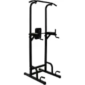 Relaxdays Power Tower, 160-230 cm höhenverstellbar, bis 150 kg, Klimmzugstange, Dipstation, Liegestützgriffe, schwarz