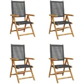 vidaXL 4-teiliges Set aus verstellbaren Klappstühlen, schwarz, aus Polyrattan und Massivholz