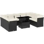 vidaXL 10-tlg. Garten-Sofagarnitur mit Kissen Schwarz Poly Rattan