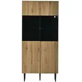 Merax Hochschrank 80x35x180cm LED Glastüren Naturholz Schwarz