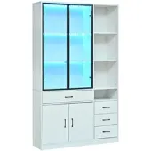 Merax Hochschrank 120x35x200cm LED Glasvitrine Weiß