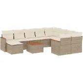 vidaXL 11-tlg. Garten-Sofagarnitur mit Kissen Beige Poly Rattan