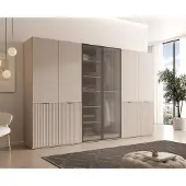 Masseno Drehtürenschrank ATELIO 303/200/51 cm Moderner Kleiderschrank für Schlafzimmer 6-türig Kaschmir + Riffelglas