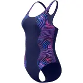 Speedo Badeanzug "ENG PRINT MEDALIST", Damen, Gr. 42, N-Gr, blau (nvy), Obermaterial: 100% Polyester, Badeanzüge Badeanzug, für Training und aktives Schwimmen, mit Vier-Wege-Stretch