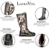 LAURA VITA Damen-Maroon-Gothic-Floral-Schwarze Leder-Knie-Schnürstiefel – Incaso-50