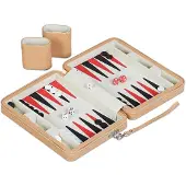 Relaxdays Backgammon, Reisespiel mit Tasche, inkl. Zubehör, HxBxT: 5,5 x 24 x 18 cm, Lederoptik, Brettspiel, hellbraun