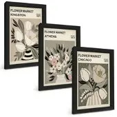Tulup BILDER SET 3er Set - 20x30 cm Schwarzer Rahmen - Retro-Blumenarrangements
