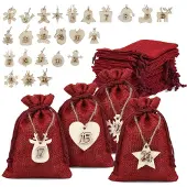 Sonstiges 24 x Jutesäckchen Adventskalender mit Holzanhängern 10 x 14 cm Rot