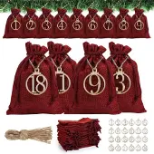 Sonstiges Adventskalender zum Befüllen, 24 Säckchen mit Holzanhängern, Stoff, DIY Weihnachtskalender