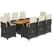 vidaXL 9-tlg. Garten-Essgruppe mit Kissen Schwarz Poly Rattan