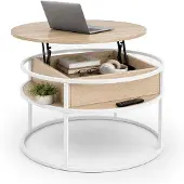 Relaxdays Couchtisch mit Stauraum, HxD: 47 x 80 cm, Lift-Top, MDF & Metall, runder Sofatisch, Stubentisch, beige/weiß