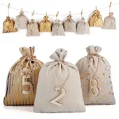 Sonstiges Adventskalender Säckchen Set 24 Stück Jute 13x18cm mit Holzschildern Glitzerdruck