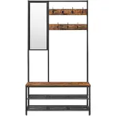 Vasagle Garderobenständer mit Haken, Spiegel, Sitzbank, 35 x 98 x 180 cm, für Eingangsbereich, Schlafzimmer, Wohnzimmer, Industrie-Design, Vintagebraun-Schwarz, HSR415B01