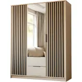 Lookway Dreitüriger Kleiderschrank NELA mit Lamellen 155 cm mit Spiegel, Kaschmir / Kaschmir + Schwarz