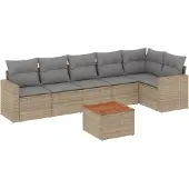 vidaXL 7-tlg. Garten-Sofagarnitur mit Kissen Beige Poly Rattan