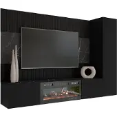 Mirjan 24 Wohnwand Deromi VI, Wohnzimmer Möbel Set, mit Kamin, Griffloses Öffnungssystem push to open, 3er-Set (Farbe: Schwarz / Schwarz + Schwarz Marmor)