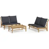 vidaXL 3-tlg. Garten-Lounge-Set mit Dunkelgrauen Kissen Bambus