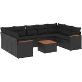 vidaXL 10-tlg. Garten-Sofagarnitur mit Kissen Schwarz Poly Rattan