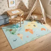 Little Olly Kinderteppich | Globe Hellblau | 120x170cm | Blau | Baumwolle | Rechteckig | Kinder Teppich | Kinderzimmer