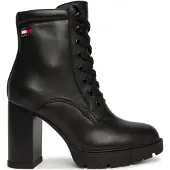 Tommy Hilfiger High-Heel-Stiefelette TOMMY JEANS "TJW LACE UP HIGH HEEL BOOTS", Damen, Gr. 39, Synthetik Textil, schwarz, Leder, Schuhe High-Heel-Stiefelette, Blockabsatz, Schnürstiefelette mit Logoflag