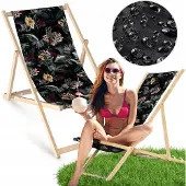 AllBags Liegestuhl klappbar aus Holz mit dunklem Blumenmotiv – Klappstuhl Klappliege Sonnenstuhl Strandstuhl Gartenliege