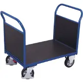 Schäfer Shop Doppel-Stirnwandwagen, Stahl/Siebdruckplatte, Enzianblau/Dunkelbraun, L 995 x B 700 mm, Sperrholz-Stirnwände, Vollgummi-Rollen mit EasySTOP, 1000 kg
