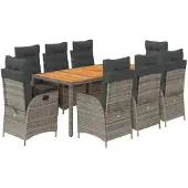 vidaXL 9-tlg. Garten-Essgruppe mit Kissen Grau Poly Rattan