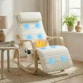 BundiGlassware Schaukelstuhl mit Massage, Heizung, Kopfstütze & Fußstütze, Samtbezug, Relaxsessel, Cremeweiß