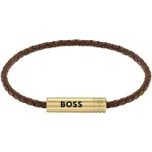 BOSS Lederarmband "ARES AIR", braun (gelbgoldfarben, braun), Armbänder, Herren, 19cm, Edelstahl Leder, Edelstahl, Leder, Lederarmband, Emaille