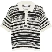 Comma Damen Strickpullover – Relaxed Fit, Ajourstrick, gestreift, Polokragen