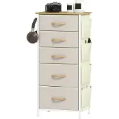 HOMCOM Kommode Schrank mit 5 Schubladen aus Vliesstoff Haken Seitentasche Beige