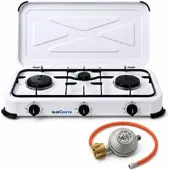 BlueCraft Camping Gaskocher Mobi 3-flammig, weiss mit Zündsicherung, Gasschlauch und Gasr...