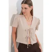Big Dart Strukturiertes V-Ausschnitt Leinen-Mix Crop Top