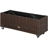Outsunny Poly Rattan Hochbeet mit Rollen Pflanzkasten mit Abflusslöchern Braun